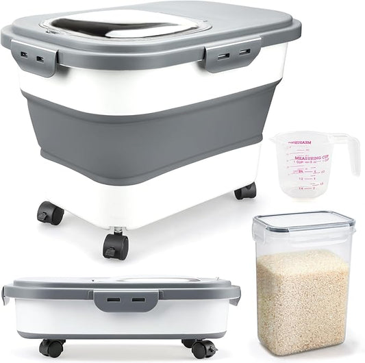 Rice Storage Containers, Collapsible 20 to 30Lbs Food Storage Bin Dispenser with Rolling Wheel and Clear Airtight Lid, BPA Free Flour, Sugar, Cereal and Dog Cat Pet food Containers