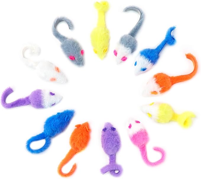 CHIWAVA 36PCS 1.8" Candy Color Furry Mice Cat Toy Rattle Mouse Kitten Interactive Toy Assorted Color