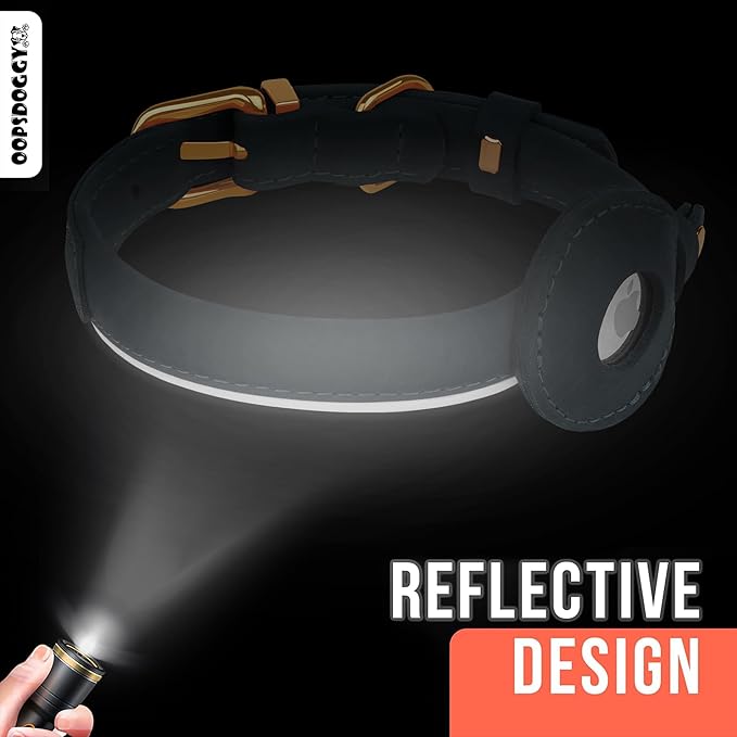 OOPSDOGGY Rolled Leather Dog Collar with Airtag Holder - Reflective Round Airtag Dog Collar - Soft Tracking Pet Collar for Small Dogs Puppy Cats Kitten (Camel, XL, 17"-21")