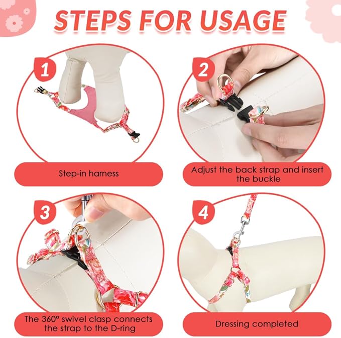 SlowTon No Pull Dog Harness with Leash - Soft Lightweight Floral Pattern Puppy Harness, Adjustable Pet Harness for Small Medium Dogs (Pink Rose XXS)