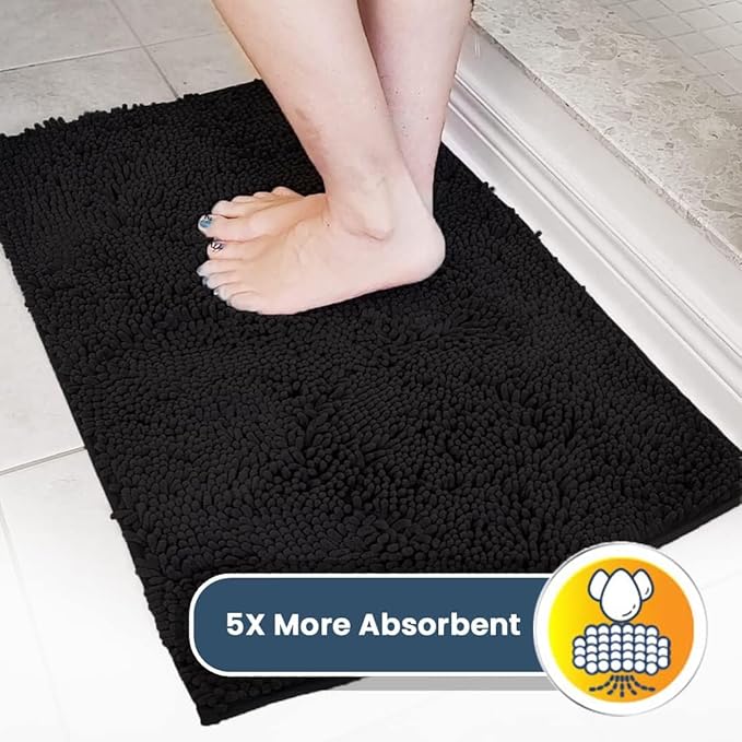 Muddy Mat® AS-SEEN-ON-TV Highly Absorbent Microfiber Door Mat and Pet Rug, Non Slip Thick Washable Area and Bath Mat Soft Chenille for Kitchen Bathroom Bedroom Indoor and Outdoor - Black 3ft x 8ft