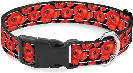 Red Flower Black White Stripes Dog Collars Soft Adjustable Collar Strap for Small Medium Large Dogs Cats Pet