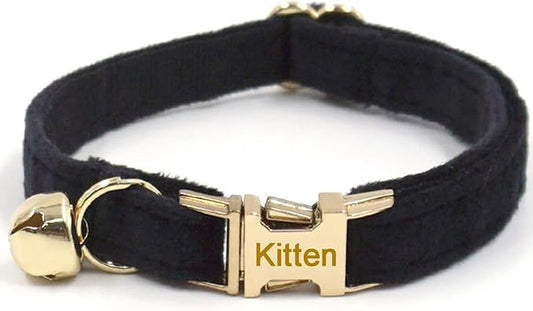 Personalized Cat Collar with Bells,Velvet Customized Small Cat Collar with Name Tag,Pet Collar with Name Phone Number Engraved ID Tags for Boy and Girl Kitten Cats (Black)
