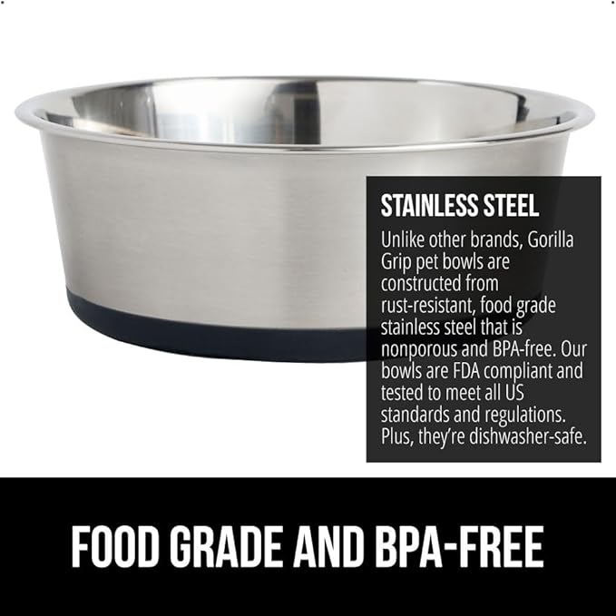 GORILLA GRIP Stainless Steel Metal Dog Bowl, Rubber Base, Heavy Duty Feeding Dish, Food Grade BPA Free, Less Sliding on Floors, Quiet Pet Bowl for Cats and Dogs, Holds 8 Cups (64 fl oz), Black