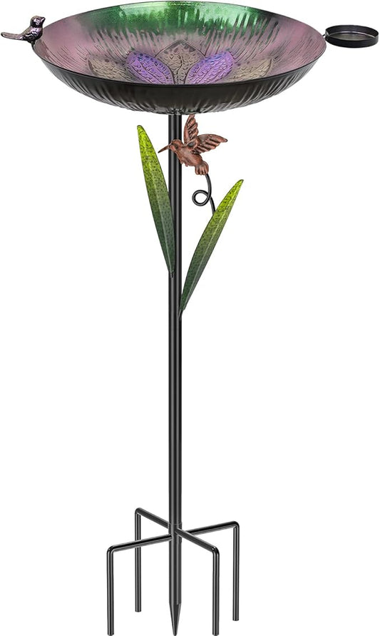 41.5" Metal Bird Bath for Outside, Detachable Birdbath Sturdy 5-Prong Stake Base with Bowl & Decorative Birds, Durable Iron Garden Birdbath & Feeder for Patio Wildlife Décor (Purple to Green)