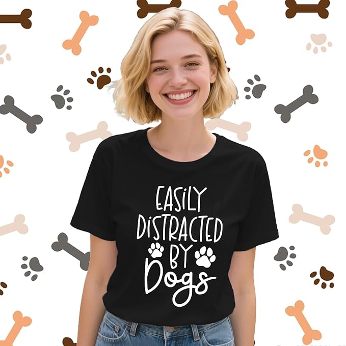 Women Dog Shirts Easily Distracted by Dogs T-Shirt Dog Mom Paw Print Tee Tops