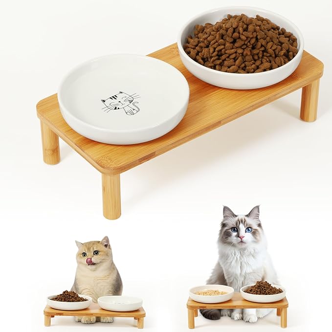 Elevated Cat Bowls for Indoor Cats – Raised Bamboo Cat Food Table with 2 Ceramic Dishes, Adjustable Height (4.25"/3.07"), Whisker Friendly Feeding Station