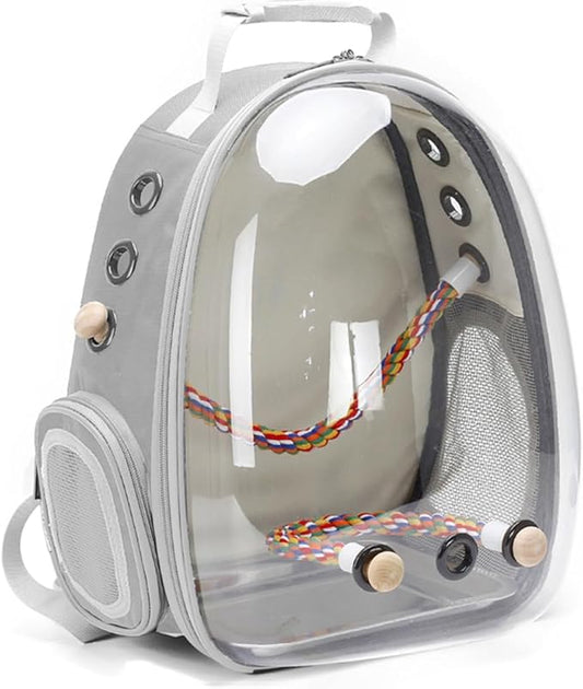 Bird Traval Carrier Cage, Clear Space Capsule Astronaut Backpack to Carry Parakeet Cockatiel Parrot with Metal Tray Wood Perch, Vet Transport School Bag