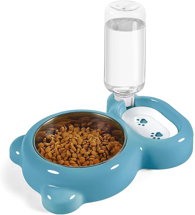 Dog Bowls, Cat Food and Water Bowl Set with Water Dispenser and Stainless Steel Bowl for Cats and Small Dogs - Blue