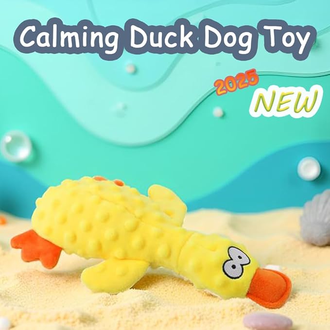 OUANGANC Calming Duck Dog Toy for Aggressive Chewers, Make a Crinkly Crunchy Noise, with Squeaker, 2025 Upgraded Indestructible Puppy Teething Toys, for Small to Medium Dog Breeds (Yellow 10.6in)