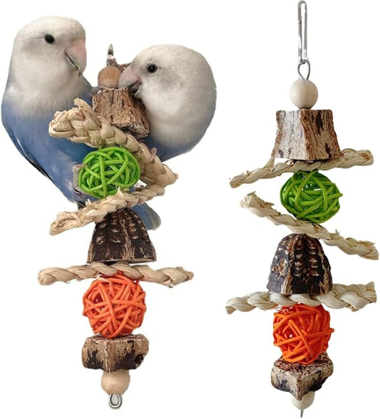 Parrots Chewing Toy Wood Block Nut Rattan Ball Corn Husk with Hanging Hook Entertainment Toy Wood Bird Toy for Parrots Chewing Block Cage Toy Accessories for Cockatiel Parakeets Random Color (2 Pcs)