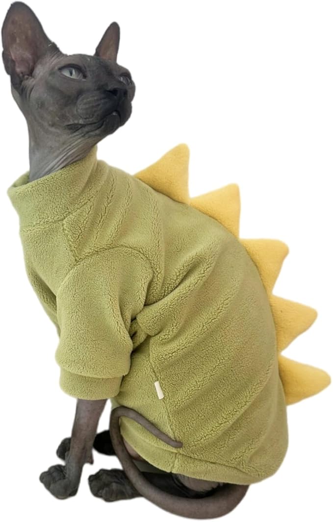 Dinosaur Sphynx Cat Clothes, Soft Polar Fleece Sweater for Cat, Elastic Pet Clothes Thick Winter Warm Outfit for Hairless Cat, Devon, Cornish, Small Dogs Apparel with Sleeves (Green, XX-Large)