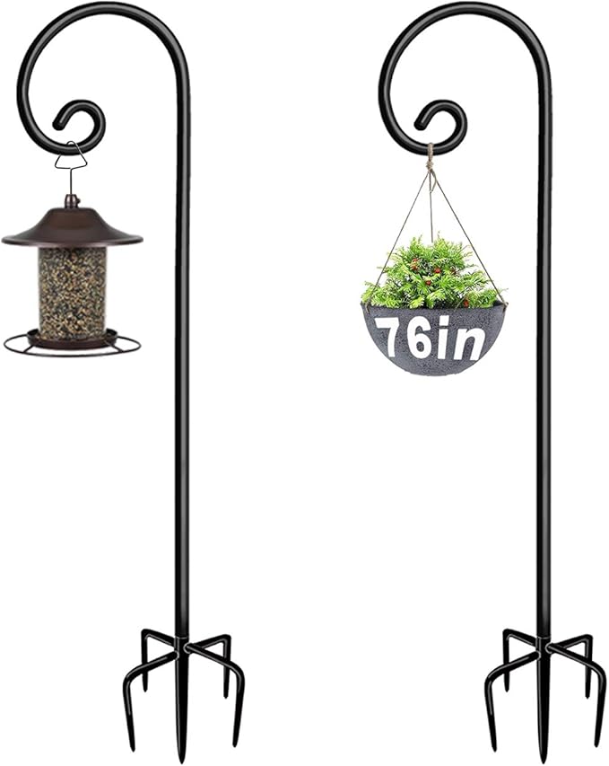 Outdoor Shepherd Hooks 76 inch Tall for Bird Feeder (2 Packs), Adjustable Metal Garden Poles for Hanging Plants Solar Light Lantern, Bright Black