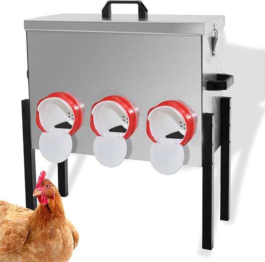 XKV Metal Automatic Chicken Feeder 30LBS with 6 Ports,Locking Lid and Legs,No Feed Waste,All Seasons Support,Weather-Resistantand Animal-Proof,Suitable for Chicken,Geese,Ducks,Turkeys,Quails