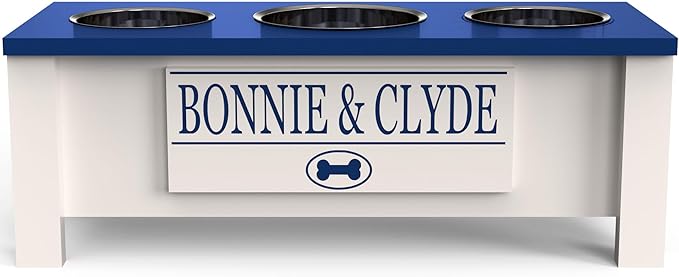 GrooveThis Woodshop - Personalized Elevated Triple Dog Bowl Stand for Large, Medium, Small, X-Small Dogs - 3 Stainless Steel Food and Water Bowls - Raised Dog Dish with Internal Storage (Medium, Blue)