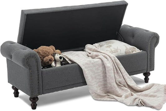58.1'' Storage Bench Upholstered Linen End of Bedroom Bed Bench Ottoman with Tufted Cushioned Rolled Arm Large Storage Space for Reading Living Room Entryway, Grey