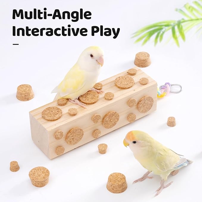 2 Pcs Wooden Bird Chew Toys - 7.9 Inch Hanging Parrot Toys, with 92 Detachable Corks, Relieve Boredom & Anxiety, Foraging Toys, for Parakeet, Cockatiel, Conure, Budgie, Lovebird, African Grey Parrot