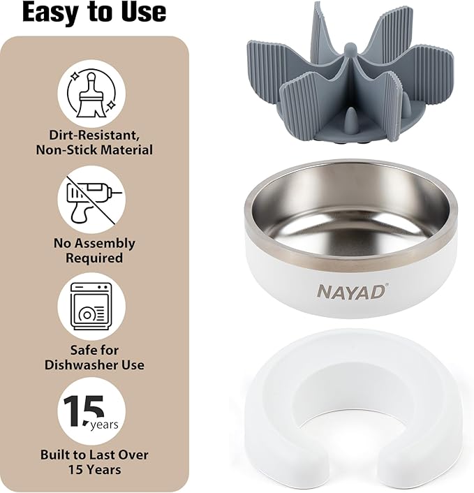 Raised Dog Bowl Stand with Slow Feeder Thick Stainless Steel Food Bowls for Large or Medium Sized Dogs Non-Slip Tilted Dog Feeder Station, Neck and Nose Protective Pet Bowl, 4 Cups (32 oz), White