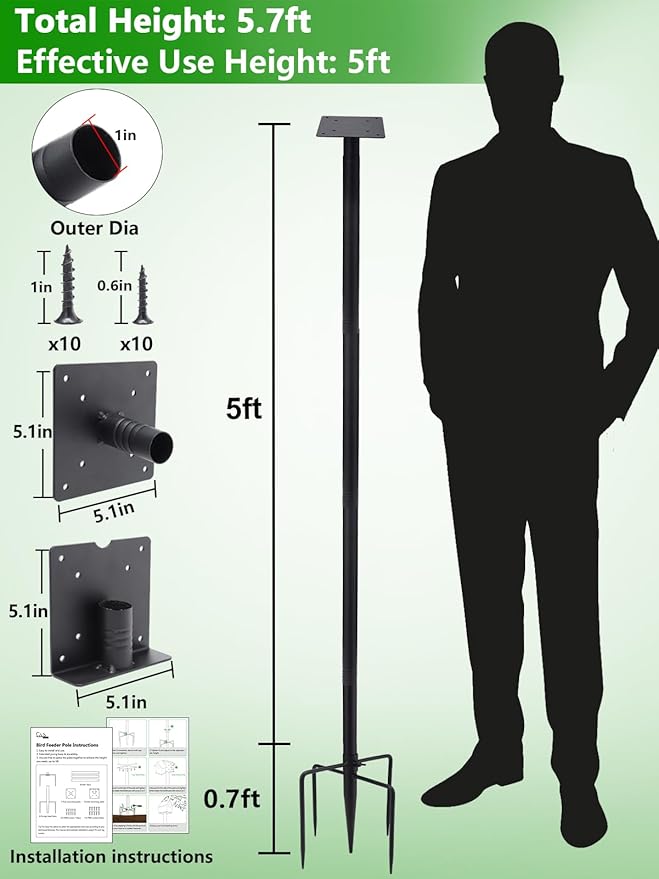 Bird Feeder Pole for Outdoors - 68in Adjustable Heavy-Duty Bluebird House Support Rod with Stable 5 Prong Base, Easy to Assemble Garden Nest Feeding Stand Post