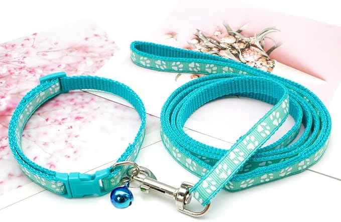 Puppy Collar with Bell Leash Set, Nylon Basic Reflective Girl Dog Collar Paw Print for XXS Xs Small Cat Pet Animal Litter Tiny Kitten,Mint Green