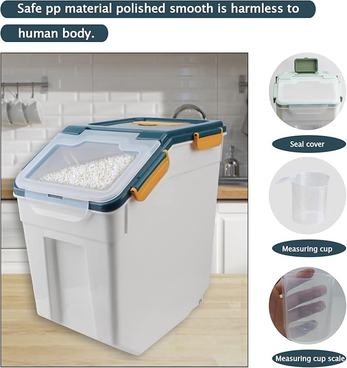 4 Pack Grain Food Storage Container, 20LB Airtight Rice Bin Storage Bucket with Spoon and Measuring Cup, Large Flour Dispenser Container Set 80LB Total Capacity