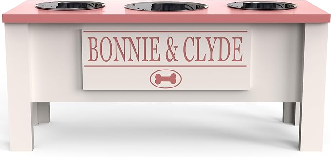 GrooveThis Woodshop - Personalized Elevated Triple Dog Bowl Stand for Large, Medium, Small, X-Small Dogs - 3 Stainless Steel Food and Water Bowls - Raised Dog Dish with Internal Storage (Large, Pink)