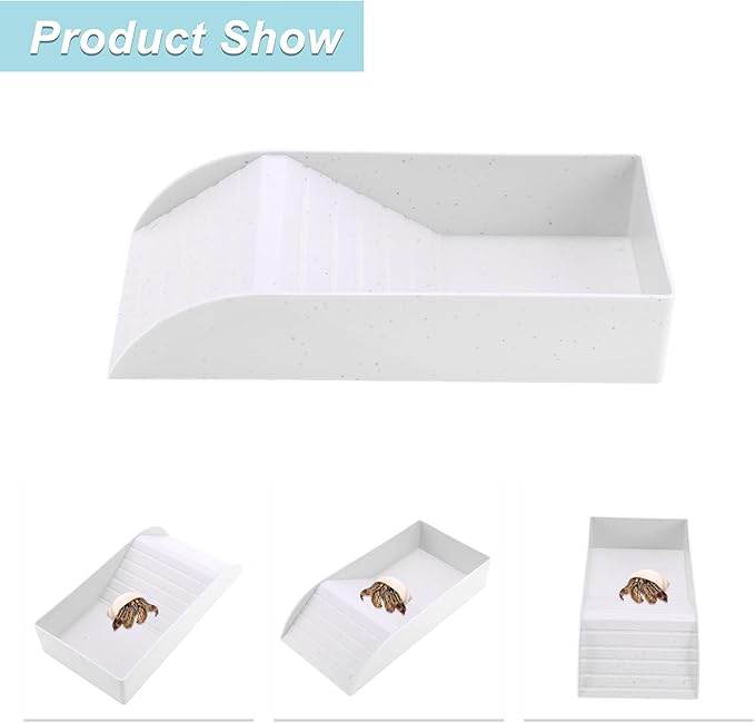 Tortoise Food Dish with Ramp, Plastic Reptile Water Bowl, Tortoise Water Pool, Reptile Climbing Ramp for Turtles Lizards, 13.98"x7.87"x2.36", White