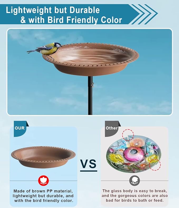 Koutemie 1-¼ Gallon Detachable Free Standing Garden Bird Bath Bird Feeder Bowl with Metal Stake for Outdoor, Deep Brown, 29 Inch