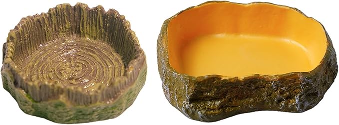2 Pack Realistic Resin Reptile Food and Water Bowls Natural Simulation Tree Stump Feeding Dishes for Lizards Snakes Tortoises Geckos Decorative Terrarium Landscaping Accessories for Reptile Habitat