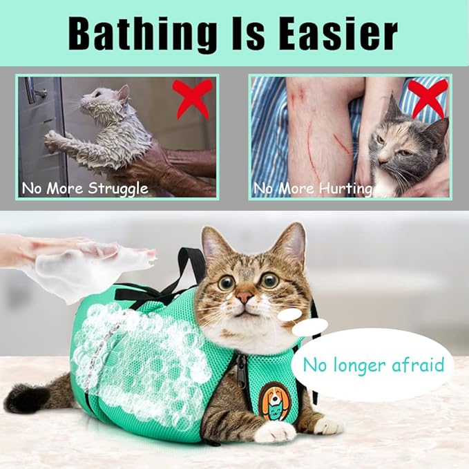 AWOOF Cat Grooming Bag Adjustable Cat Bathing Bag Anti Scratch Bite Polyester Soft Durable Mesh Cat Shower Bag for Small Medium Large Cats
