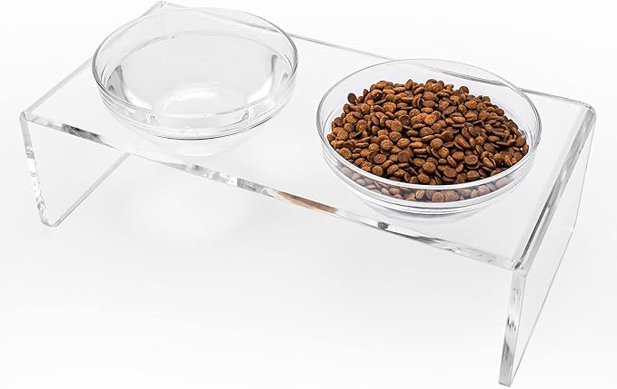 Acrylic Elevated Dog Cat Bowls Pet Feeder Double Bowl Raised Stand Comes with 2 Removable Glass Bowls and 2 Stainless Steel Bowls.Perfect for Medium Dogs, 5.5" Tall