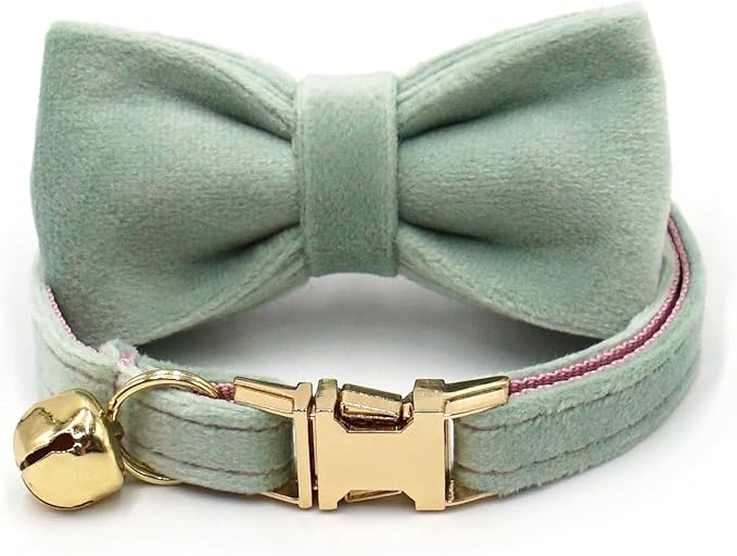 Personalized Cat Collar with Bells,Velvet Customized Small Cat Collar with Name Tag,Pet Collar with Name Phone Number Engraved ID Tags for Boy and Girl Kitten Cats (Mint Powder)