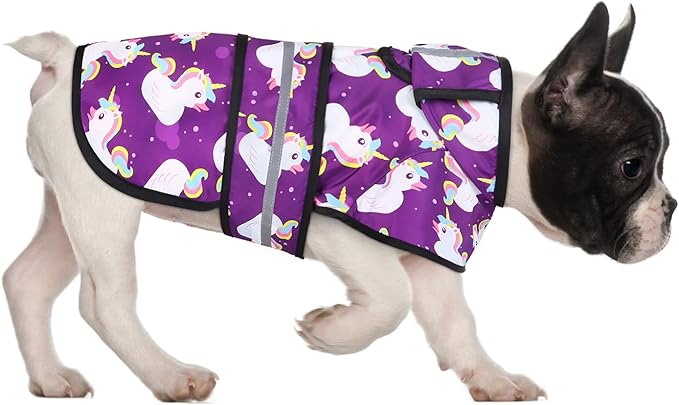 HDE Dog Raincoat Jacket Reflective Adjustable Hooded Pet Poncho Rain Coat with Leash Hole for Small to X-Large Dogs Purple Unicorn Ducks - S