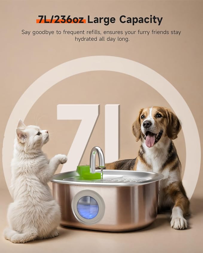 Dog Water Fountain Stainless Steel, 236 Oz/7L Automatic Dog Water Bowl Dispenser, Quiet Cat and Pet Water Dispenser Fountain with 2 Filters for Large Dogs, Cats, Multi-Pets - FS20