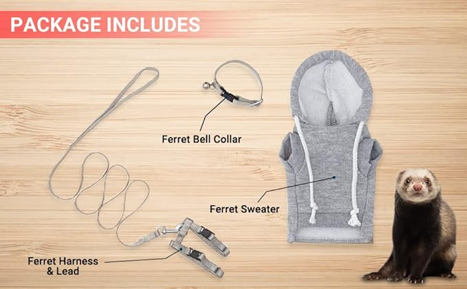 Gray Ferret Sweater, Harness, and Leash Set - Clothes for Small Pets - Ferret Stuff and Accessories - Hoodies for Ferrets - Small Pet Accessories