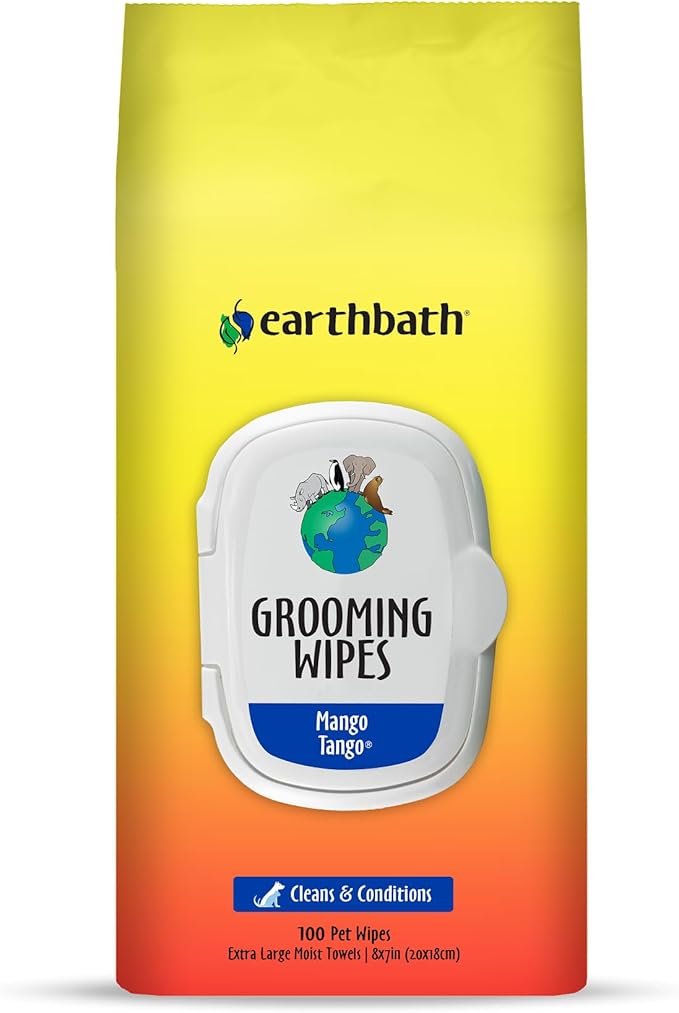earthbath, Mango Tango Grooming Wipes - Dog Wipes for Paws and Butt, Best Pet Wipes for Dogs & Cats, Made in USA, Cruelty-Free Dog Cleaning Wipes, Removes Dirt & Dander - 100 Count (1 Pack)