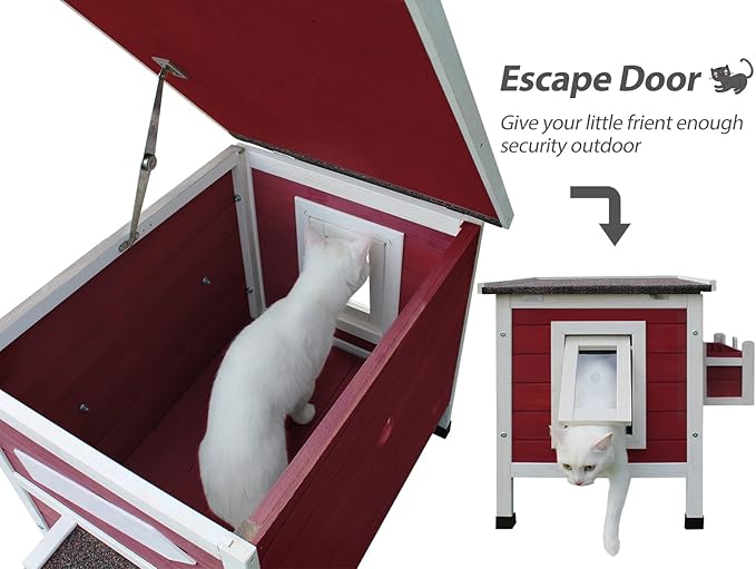 Rockever Outdoor Cat House, Large Outdoor Houses for Feral Cats Wooden Outside Cat Shelter Weatherproof with Escape Door-Red