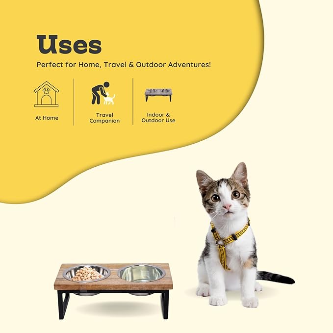 Elevated Dog Bowls, Small 4 Height Mango Wood Raised Dog Bowl Iron Stand with 2 Pcs 16oz Stainless Steel Pet Dishes | Food & Water 2Cup/0.47L Capacity Nonslip Cats Feeding Station