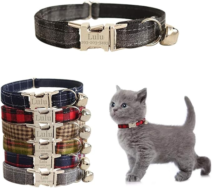 Personalized Cat Collar with Name Plate,Adjustable Tough Nylon Cat ID Collars with Bell,Customize Engraved Pet Name and Phone Number (Plaid Style B)
