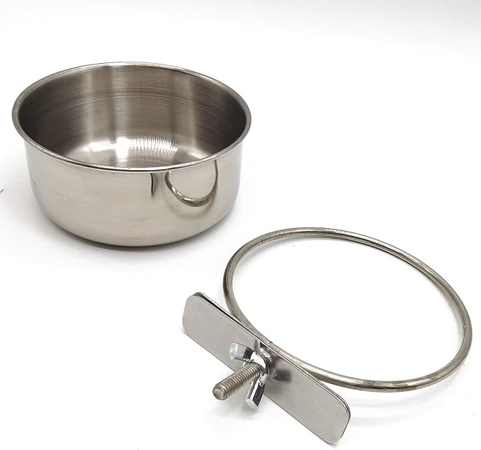RONYOUNG 2PCS Bird Feeding Dish Cups with Spoon, Parrot Food Bowl Clamp Holder - Stainless Steel Coop Cup, Bird Cage Water Bowl for Parakeet African Greys Conure Cockatiels Lovebird Budgie Chinchilla