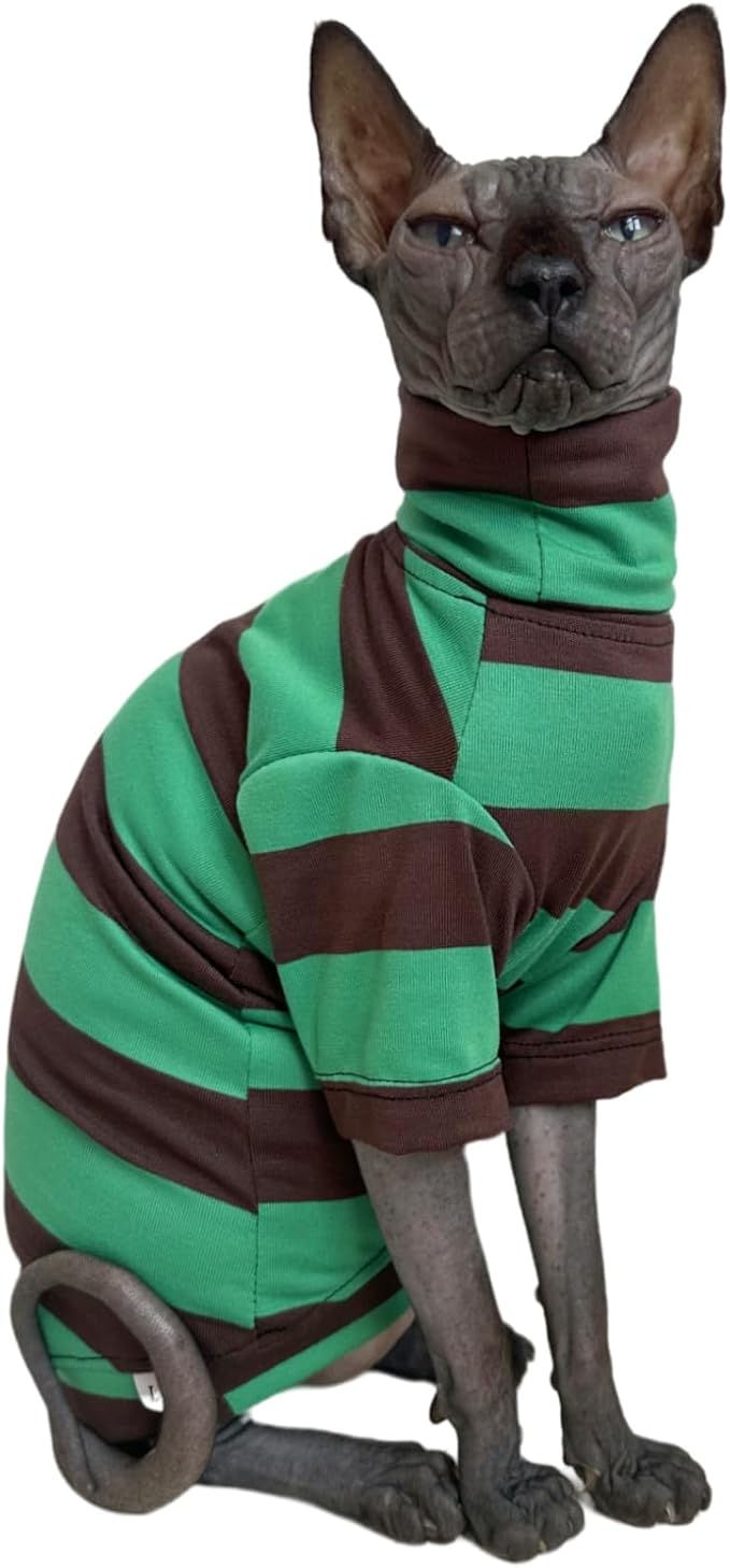 Vintage Stripes Sphynx Hairless Cats Shirt Cotton Cat Turtleneck Pet Clothes Kitten T-Shirts with Sleeves for Sphynx Cats (Wide Green Brown Stripe, Medium)