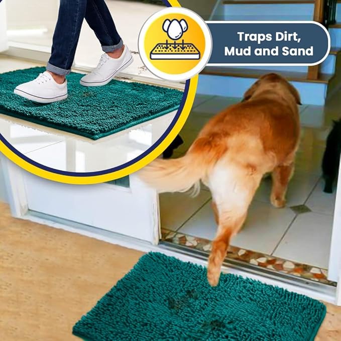 Muddy Mat® AS-SEEN-ON-TV Highly Absorbent Microfiber Door Mat and Pet Rug, Non Slip Thick Washable Area and Bath Mat Soft Chenille for Kitchen Bathroom Bedroom Indoor and Outdoor - Teal 36" x 120"
