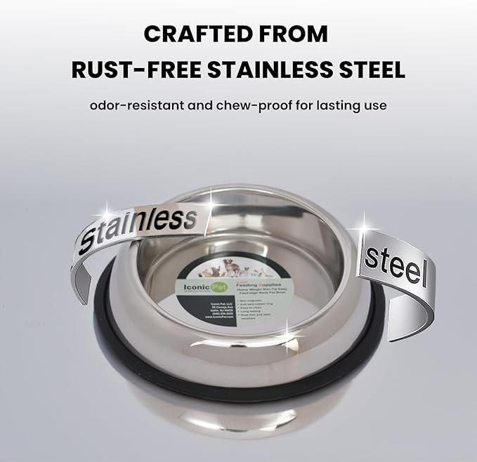 ICONIC PET 1 Cup/8 Oz Heavy Weight Non-Skid Stainless Steel High Back Pet Food/Water Bowls with Removable Anti Skid Rubber Ring - Dog/Cat Feeding Bowl in Unique Design, Dishwasher Safe