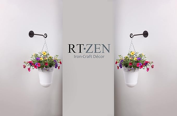 RTZEN Plant Hangers Outdoor or Indoor - Wrought Iron Metal Hanger Indoor Hook - Heavy Duty Wall Bracket Hooks for Hanging Plants Baskets Lanterns Wind Chimes - 2 Pack (Black Swirl Hooks)
