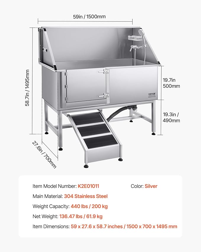 VEVOR Stainless Steel Dog Washing Station, Professional 62 inch Pet Grooming Tub w/Ramp, PE Water Filter Board, Faucet & Showerhead & Soap Holder Bathtub for Large & Medium & Small Pets (Left Door)