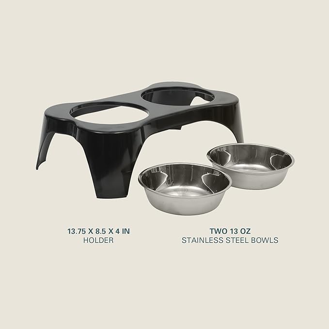 Gibson Home Bow Wow Meow 3-Piece Elevated Dog Bowl Set – Bone-Shaped Raised Feeder with 2 Stainless Steel Bowls for Medium to Large Dogs, Non-Slip, Easy to Clean, Black