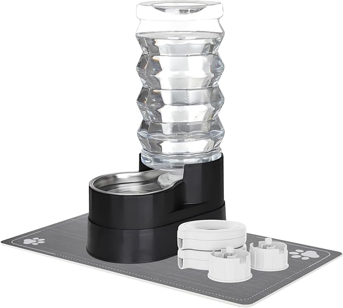 RIZZARI Upgraded Automatic Dog Water Dispenser: 9L Black Gravity Large Stainless Steel Raised Pet Feeder with Filter - Includes 2 Extra Filters & 2 Bottle Caps - Pet Feeder for Dogs Indoor Outdoor