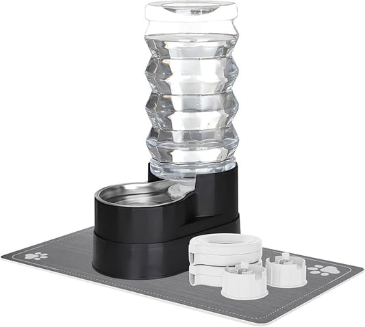 RIZZARI Upgraded Automatic Dog Water Dispenser: 9L Black Gravity Large Stainless Steel Raised Pet Feeder with Filter - Includes 2 Extra Filters & 2 Bottle Caps - Pet Feeder for Dogs Indoor Outdoor