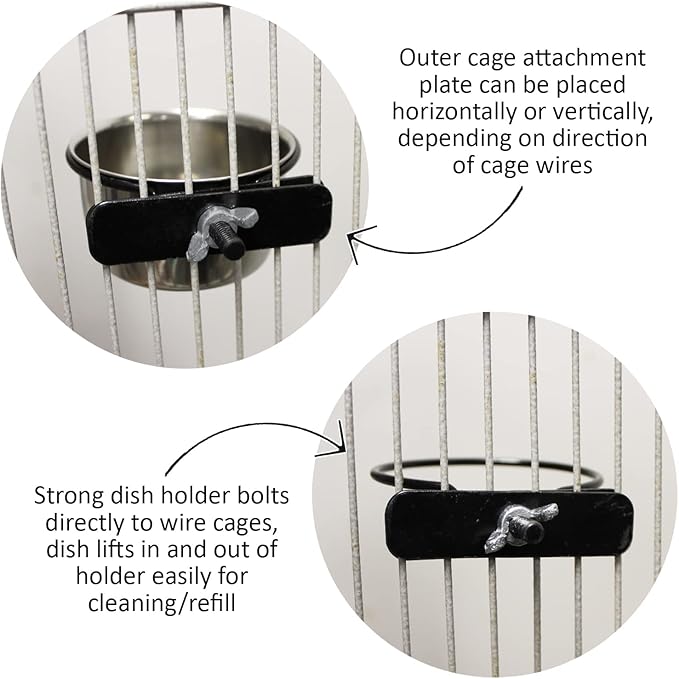 Stainless Steel Cup w/Holder - Durable Metal Mountable Food & Water Dish - Sugar Gliders, Hedgehogs, Chinchillas, Rats, Ferrets, Guinea Pigs, Rabbits, Squirrels, Birds (10 oz., Silver)