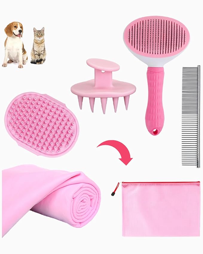 Dog Bath Brush Washing Kit - 5pcs Dog Grooming Washing Brush & Drying, Adjustable Handle Scrubber Massager Bathing Brush for Long & Short Haired Dogs, Scalp Scrubber Hair Bath Brush Set Pink